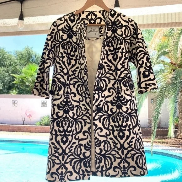 NWOT Milly of New York Black/Off of White Cream Embroidered Coat Topper Size 4